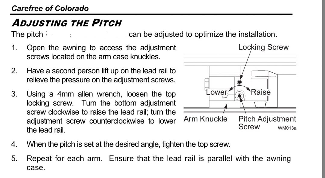 How do I adjust the pitch of my Carefree awning? TOWB